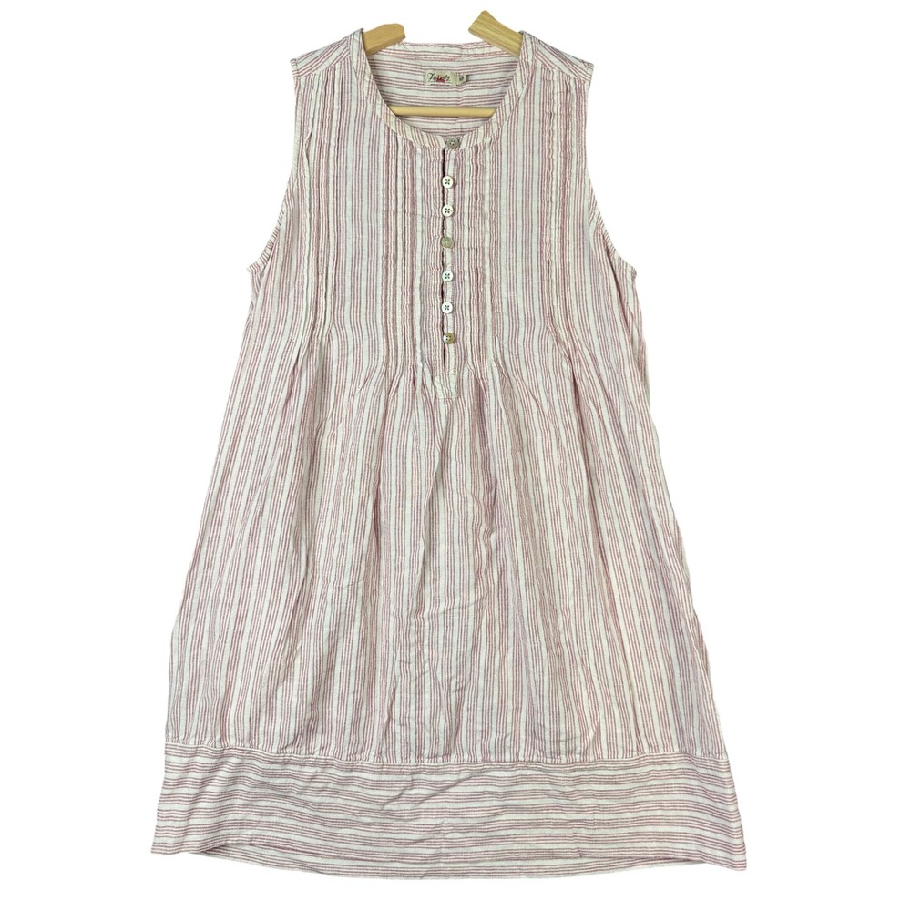 Faherty Brand Linen Blend Striped Sleeveless Pintuck Henley Dress Red White M